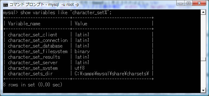 MySQLのデフォルト文字コードの確認